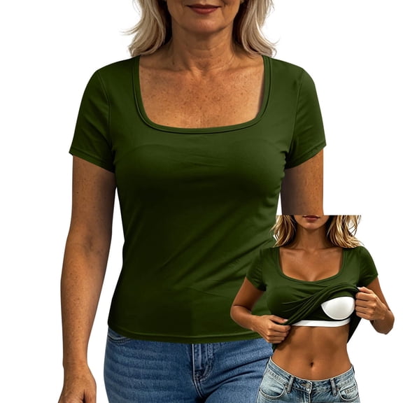 Women's Top, Fashion Casual Summer Square Neck with Built-in Bra Solid Color Short Sleeve Blouse, Padded Cami Tee, Soft Stretchy Daily Shirt for Women