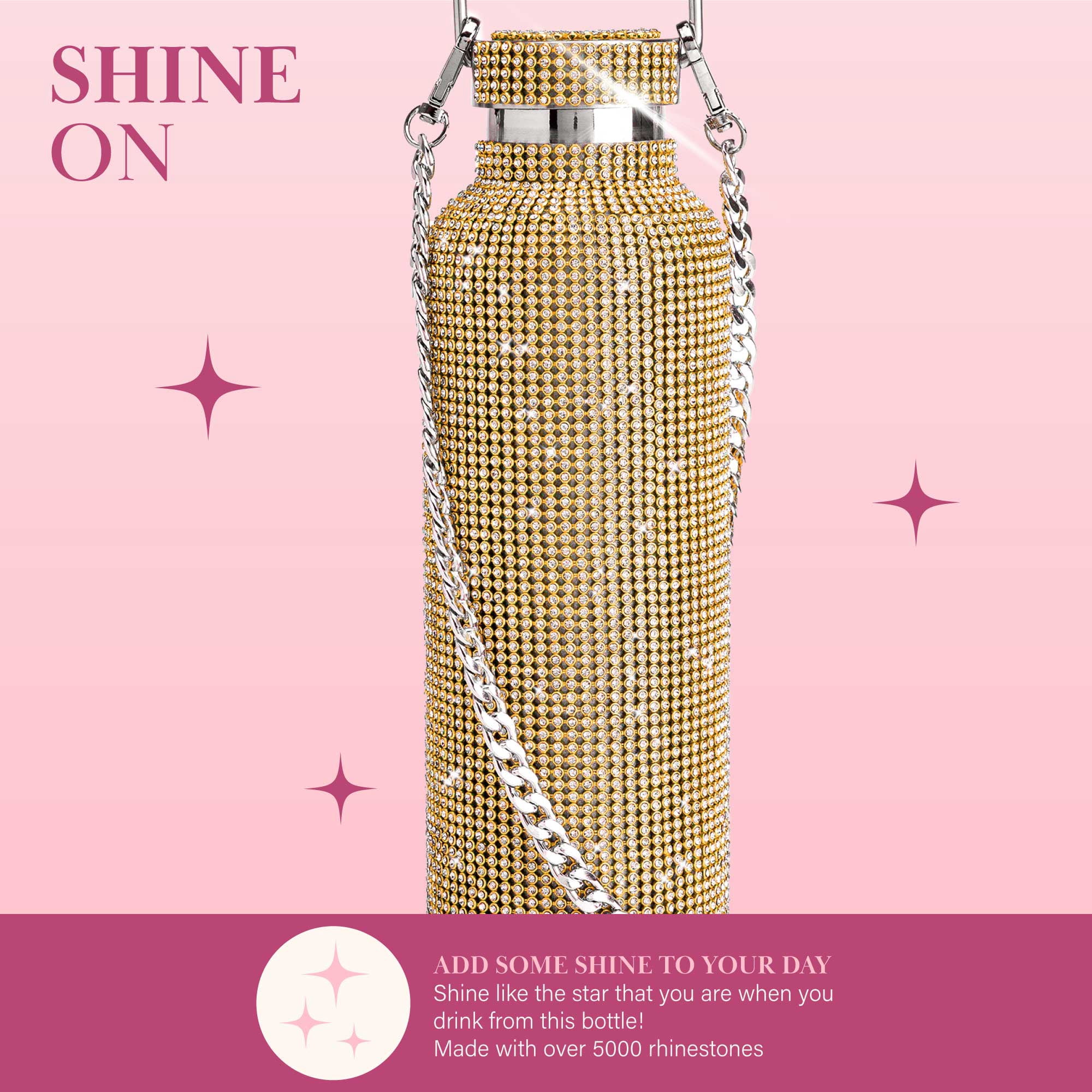 Paris Hilton Rhinestone Stainless Steel Water Bottle with Carry Strap, Gold, 25 fluid ounces