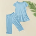 thumbnail image 2 of 1-10Y Toddler Girls Summer Outfit Clearance Solid Color 2 Piece Outfit Short Sleeve Ruffle T Shirt And Capri Pants With Bow Clothing Set, 2 of 7