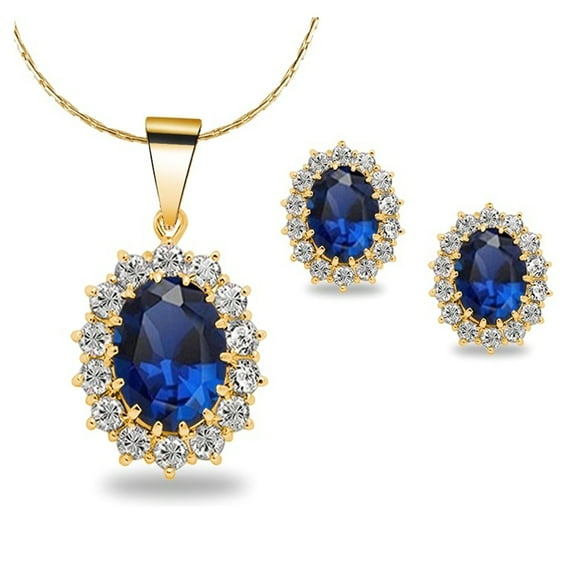 18K Yellow Gold Blue Sapphire Round 4 Carat Oval Necklace Plated 18 in Adult Female