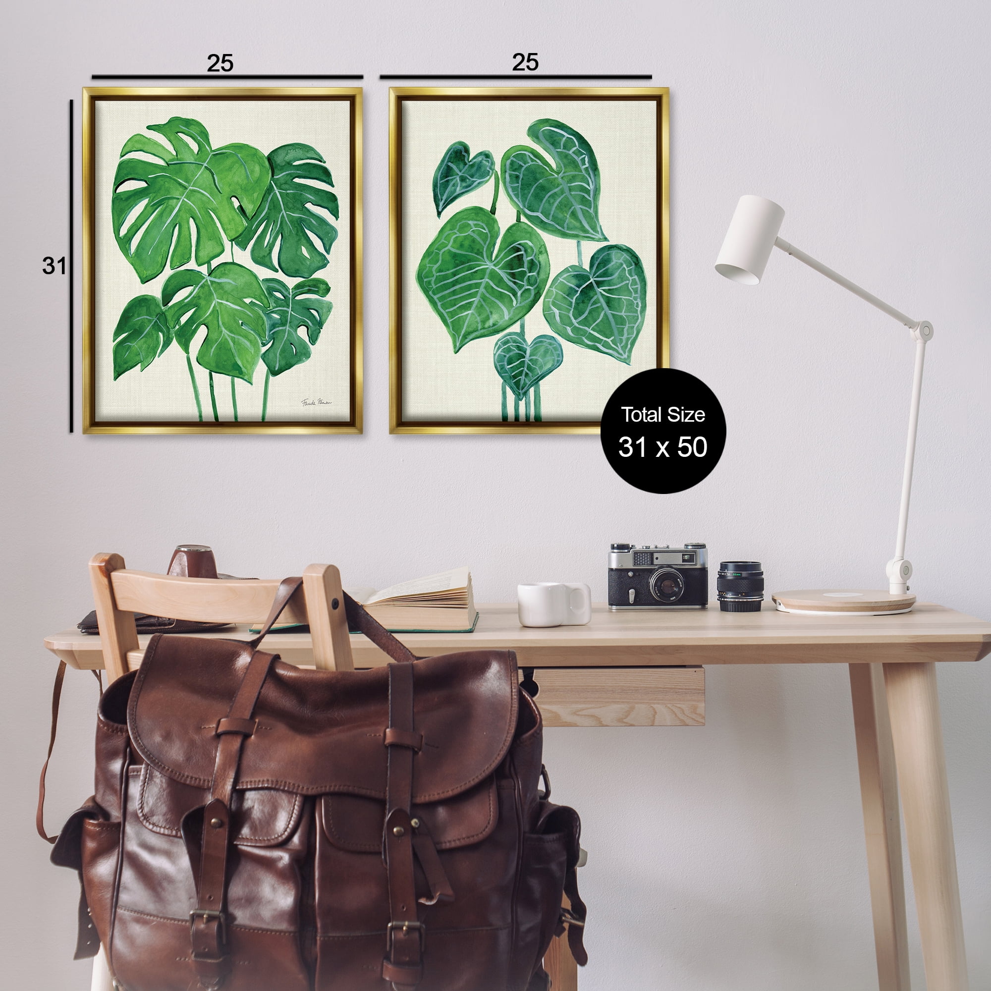 Stupell Industries Thriving Detailed Monstera Leaves Plants & Flowers Painting Gold Floater Framed Canvas Art Print Wall Art, 31 x 25, Set of 2