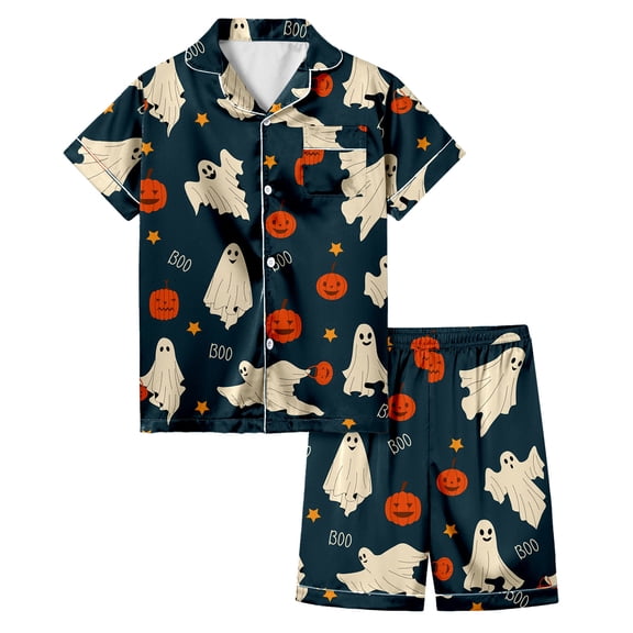 CONZONE Halloween Pajamas for Toddler Girls Printed Short Sleeve Button Down Tops and Shorts Hallowmas Loungewear Soft 2 Piece Girls Pjs Set Size 3-4 Years