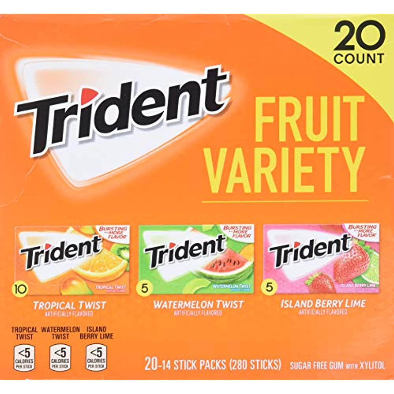 Trident Fruit Variety Pack Sugar Free Gum, 14 Count, Pack Of 20