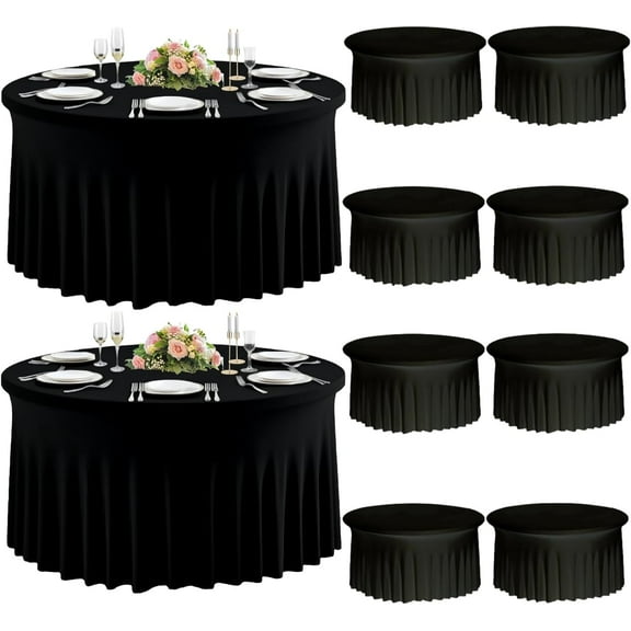 10 Pack Black Round Spandex Tablecloth for 60inch Tables, Stretchy 120inch Fitted 5FT Round Table Cloths Wrinkle Free Table Washable Cover with Skirt for Wedding Birthday Party Dining Banquet Events