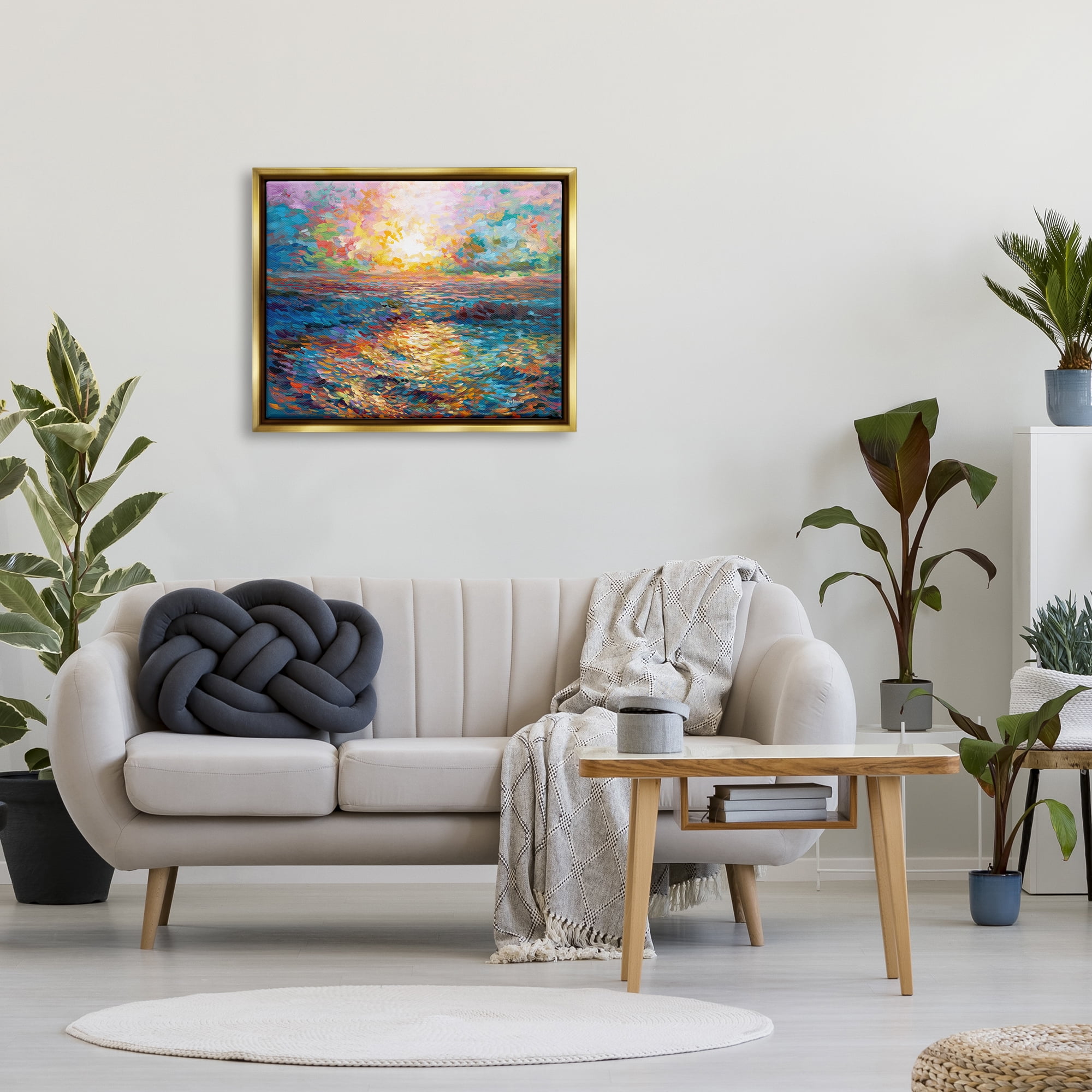 Stupell Industries Sunset in Mykonos Beach Landscape Painting Gold Floater Framed Canvas Art Print Wall Art, 31 x 25