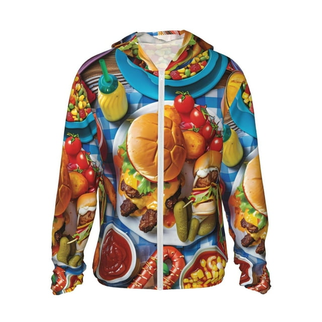 Fotbe Vibrant Picnic Food Spread Chaqueta con Protección Solar UPF 50+ para Hombre y Mujer, Camisa con Capucha y Bolsillos-Medium
