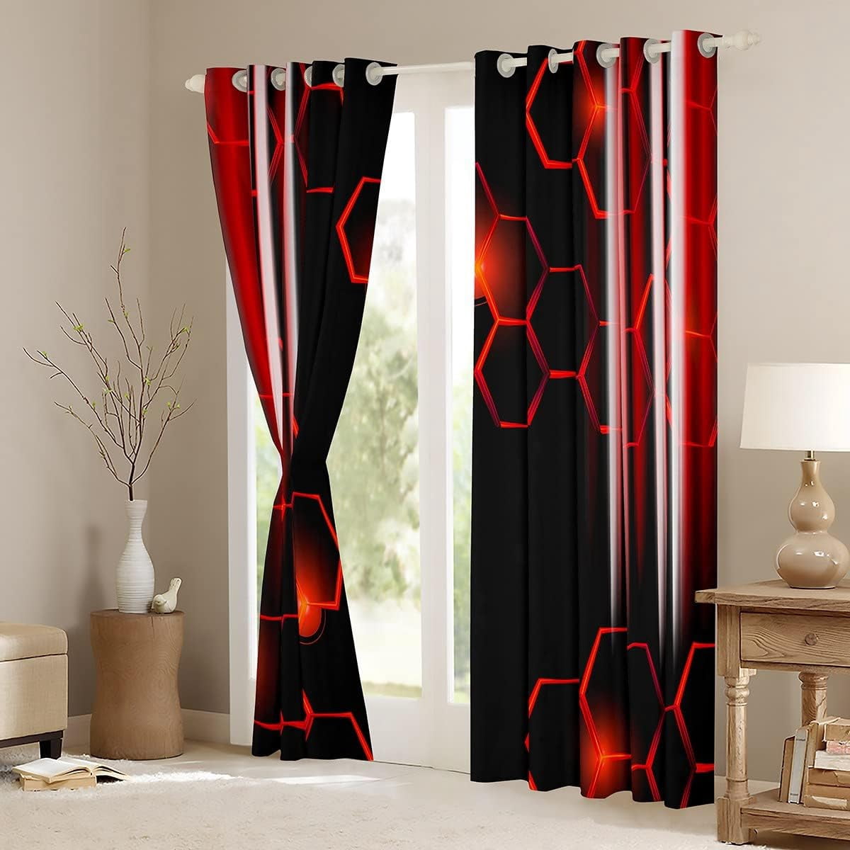 Honeycomb Curtains (2 Panels, 42 x 84 Inch) Modern Hexagon Theme Red Curtains Room Strip Lines Darkening Dreapes Modern Gradient Black Red Window Treatments 30%-50% Blackout