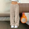 thumbnail image 2 of Moxiu Women's Fuzzy Plush Pajama Pants Drawstring Elastic Waist Wide Leg Teddy Pj Bottoms Lounge Pants Winter Soft Cozy Blanket Pants Khaki,XXL, 2 of 7