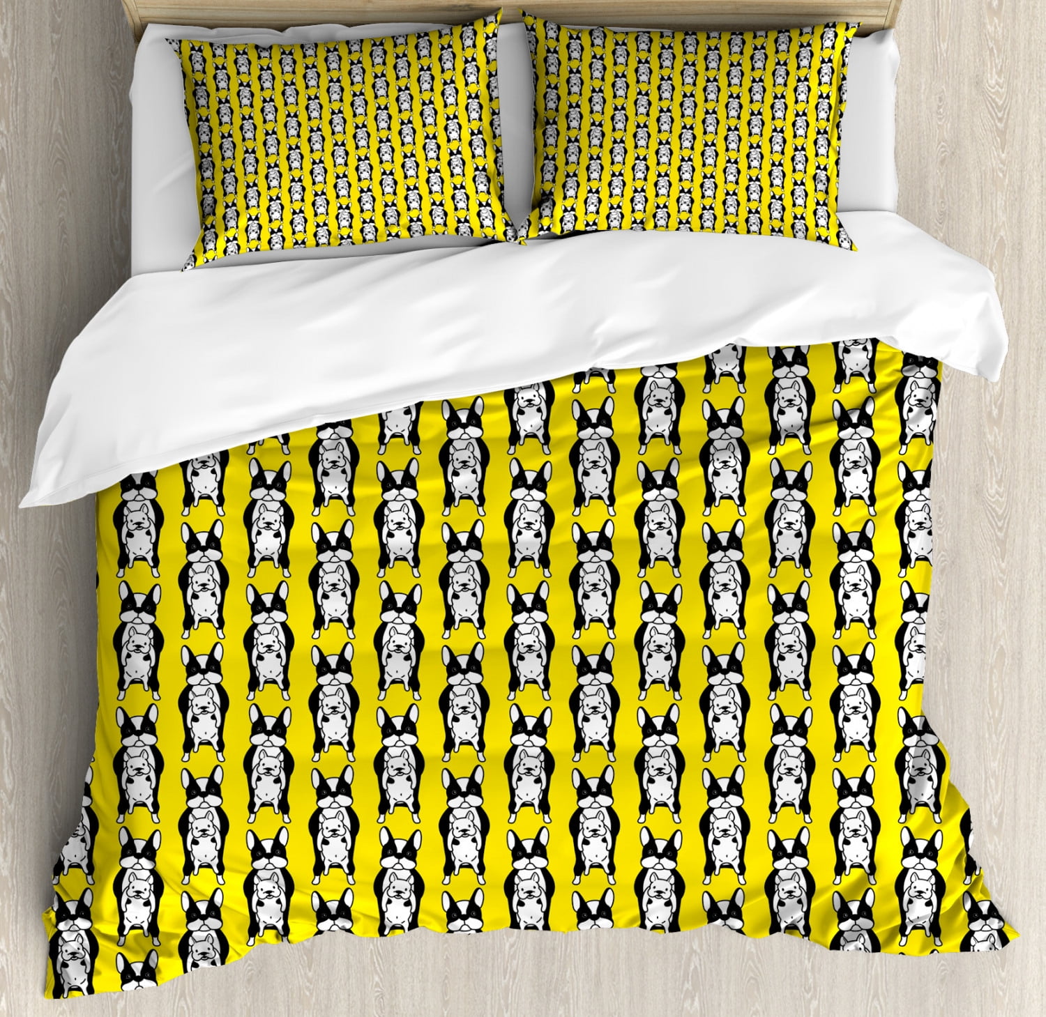 Dog Duvet Cover Set Queen Size Cartoon Style Cute French Bulldog Holding A Puppy Animal Lover Concept Decorative 3 Piece Bedding Set With 2 Pillow Shams Yellow Black And White By Ambesonne