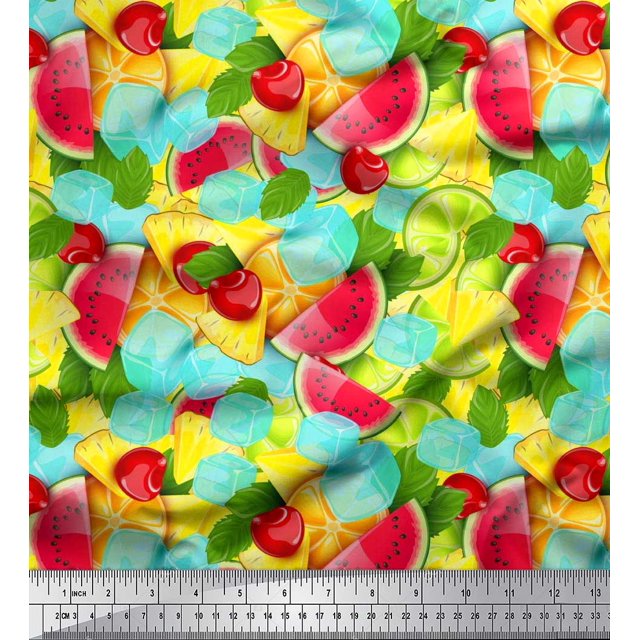 Soimoi Poly Georgette Fabric Lemon Slice,Cherry & Watermelon Fruits Print Sewing Fabric Yard 42 Inch Wide
