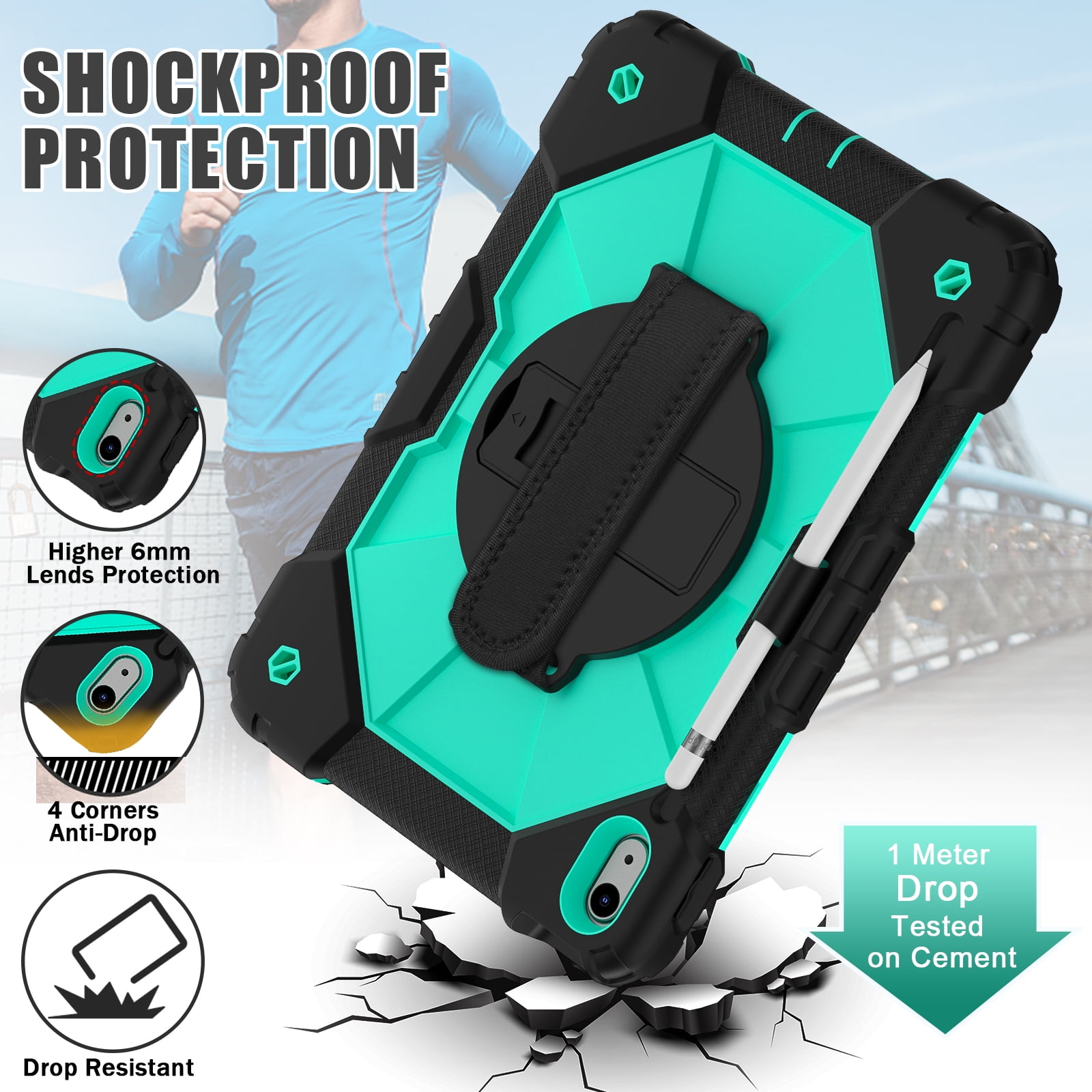 ELEHOLD Rugged Hybrid Case for iPad 11th Gen (A16) 2025 11-inch,with Built-in Kickstand 360° Rotating Handstrap Pencil Holder Crossbody Shoulder Strap Shockproof Heavy Duty Case,Black/Mint