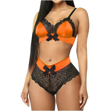 XMMSWDLA Women  s 2 Piece Floral Lace bralette bra and Panty Lingerie Set corset Lingerie Outfit Orange