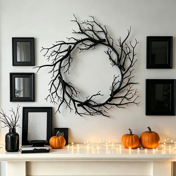 Halloween Black Twig Wreath 15.74 in Artificial Bare Branch Wreath for Front Door Wall Spooky Gothic Fall Decor