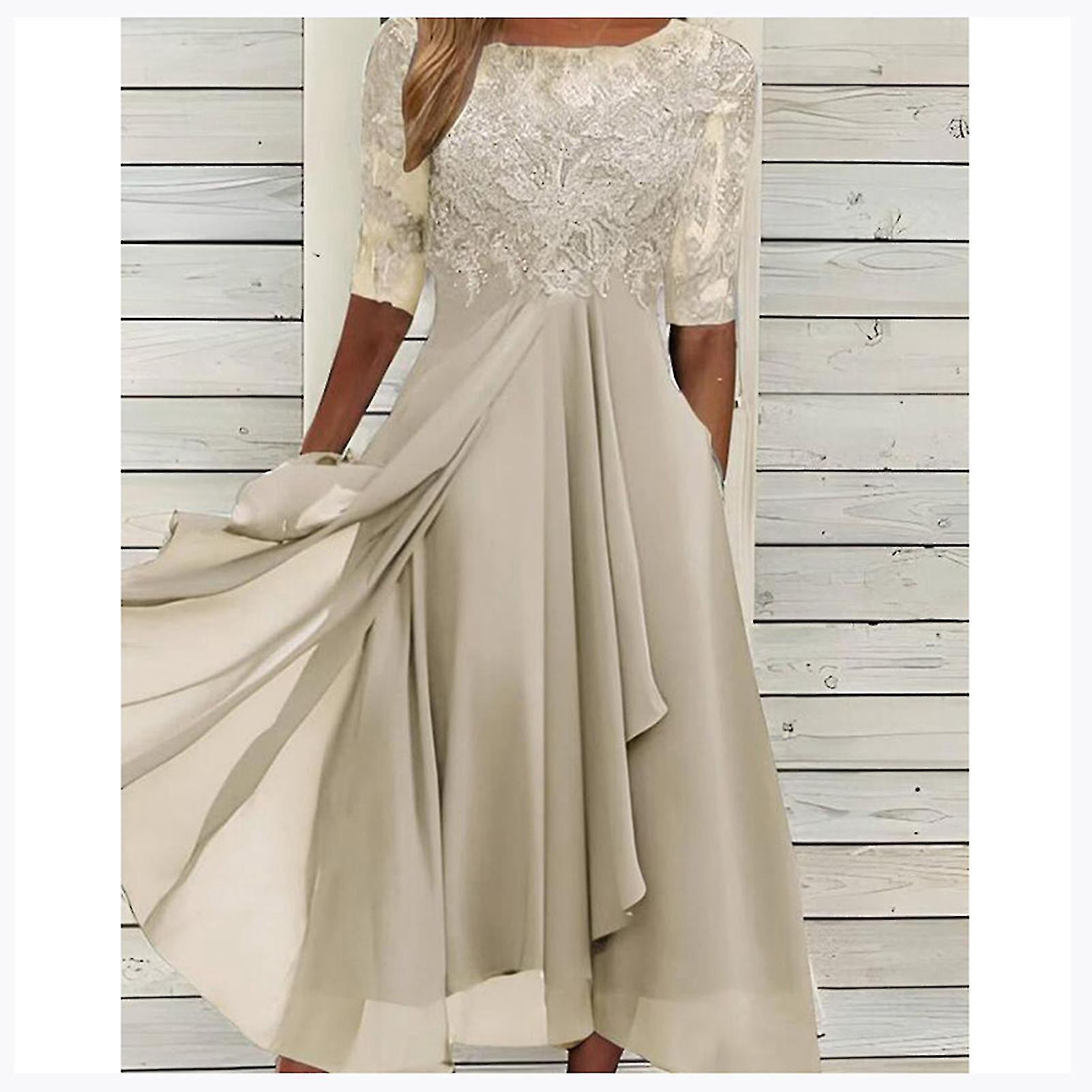Robe en Dentelle Appliquée Midi Manches Courtes Robes de Soirée Décontractées Robe Assortie pour Mariage YOUYOU