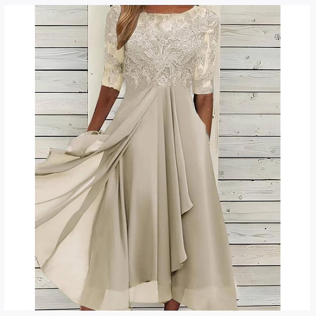 Robe à Appliqués en Dentelle Midi à Manches Courtes Robes de Soirée Décontractées Robe Passe-Partout pour WeddingYOUYOU
