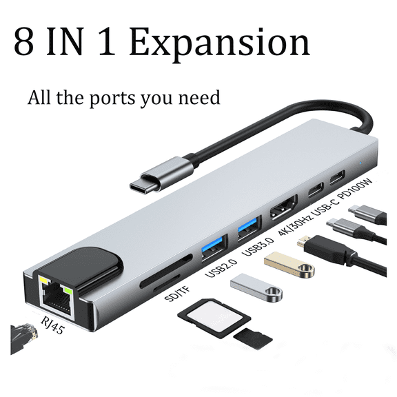 8 in 1 USB C Hub Splitter,USB&USB-C,Tf/Sd Card Reader,Plug‑and‑play,Compatible with Macbook Pro, iPad Pro,Laptops