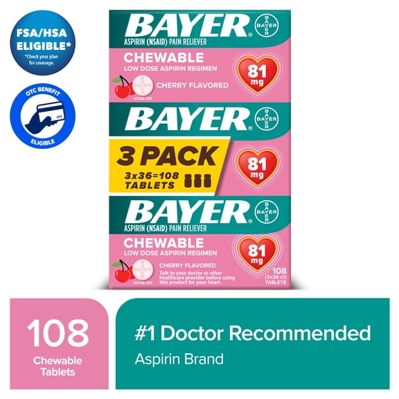 Bayer Chewable Aspirin Regimen Low Dose Pain Reliever Tablets, 81mg, Cherry, 108 Count