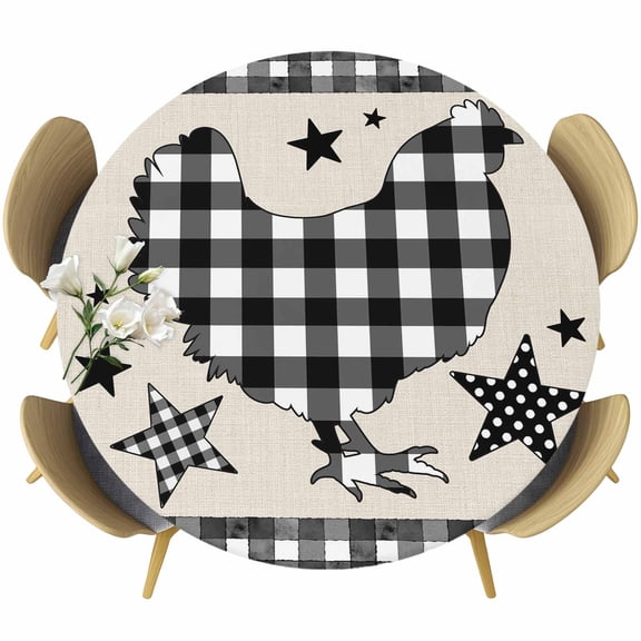 Chicken Hen Round Tablecloth, Fitted Table Cover with Elastic for 36"-44" Round Tables, Rooster Animals Farmhouse White Black Plaid Vintage Table Cloth Outdoor Dinning Party Waterproof Tablecloths
