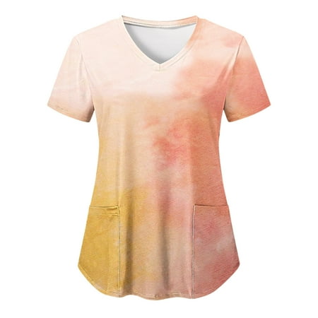

TAIAOJING Women Scrubs Top Workwear Casual V Neck Color Gradient Tie Dye Print Short Sleeve Pocket Shirt