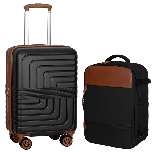 SUNSPIRE 22-inch Carry On Luggage Set Backpack Hardside Suitcase Airline Approved Expandable PC ABS YKK Zipper Rolling TSA Lock Durable Travel Black