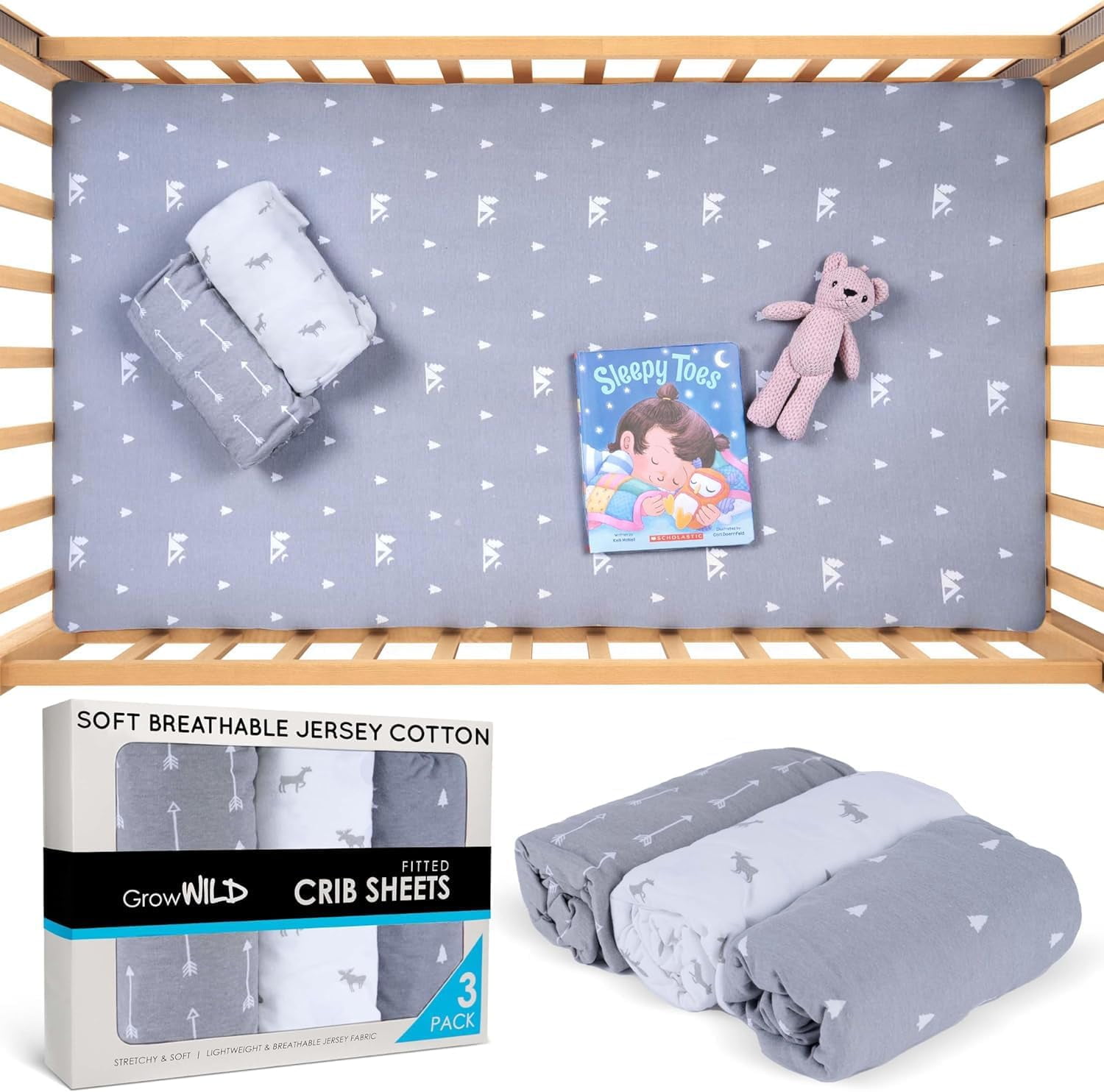 GROW WILD Crib Sheets 3 Pack | Soft Crib Sheets for Boys and Girls | Crib Sheets Neutral Grey | Jersey Cotton Soft & Stretchy Forest Crib Sheet - Nicely Fit Crib Mattress Sheet (Woodland Adventure)