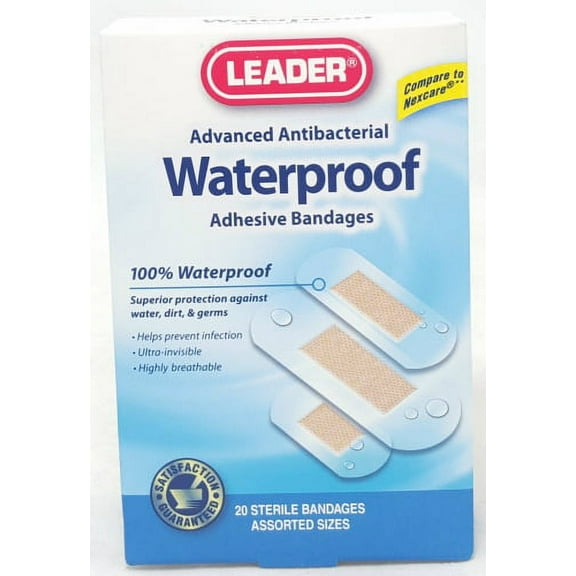 Leader Antibacterial Waterproof Adhesive Bandages, Assorted Sizes, 20 Ea