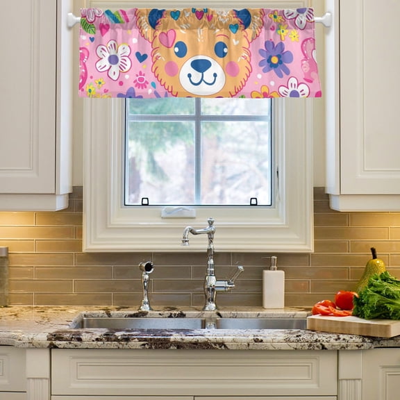 Pink Bears Face Flowers Curtain Valances Farmhouse Design Window Treatment Decor Blackout Rod Pocket for Windows Living Room Kitchen 54" x 18"