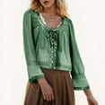 thumbnail image 4 of vigerkar Women Tie Front Long Sleeve Top Lace Trim Button Shirt Scoop Neck Loose Blouse Going Out Y2k Clothes Green, L, 4 of 7