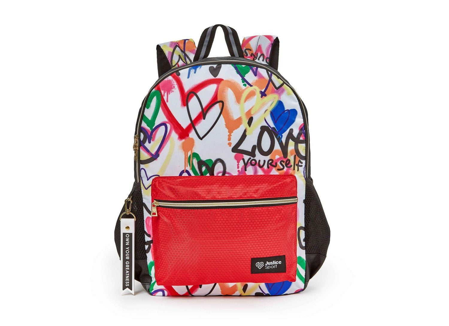Justice™ Brand Girls Tie Dye Heart Printed Nylon Multi Compartment Backpack 17” Backpack with Texture Rubber Embossed Keychain