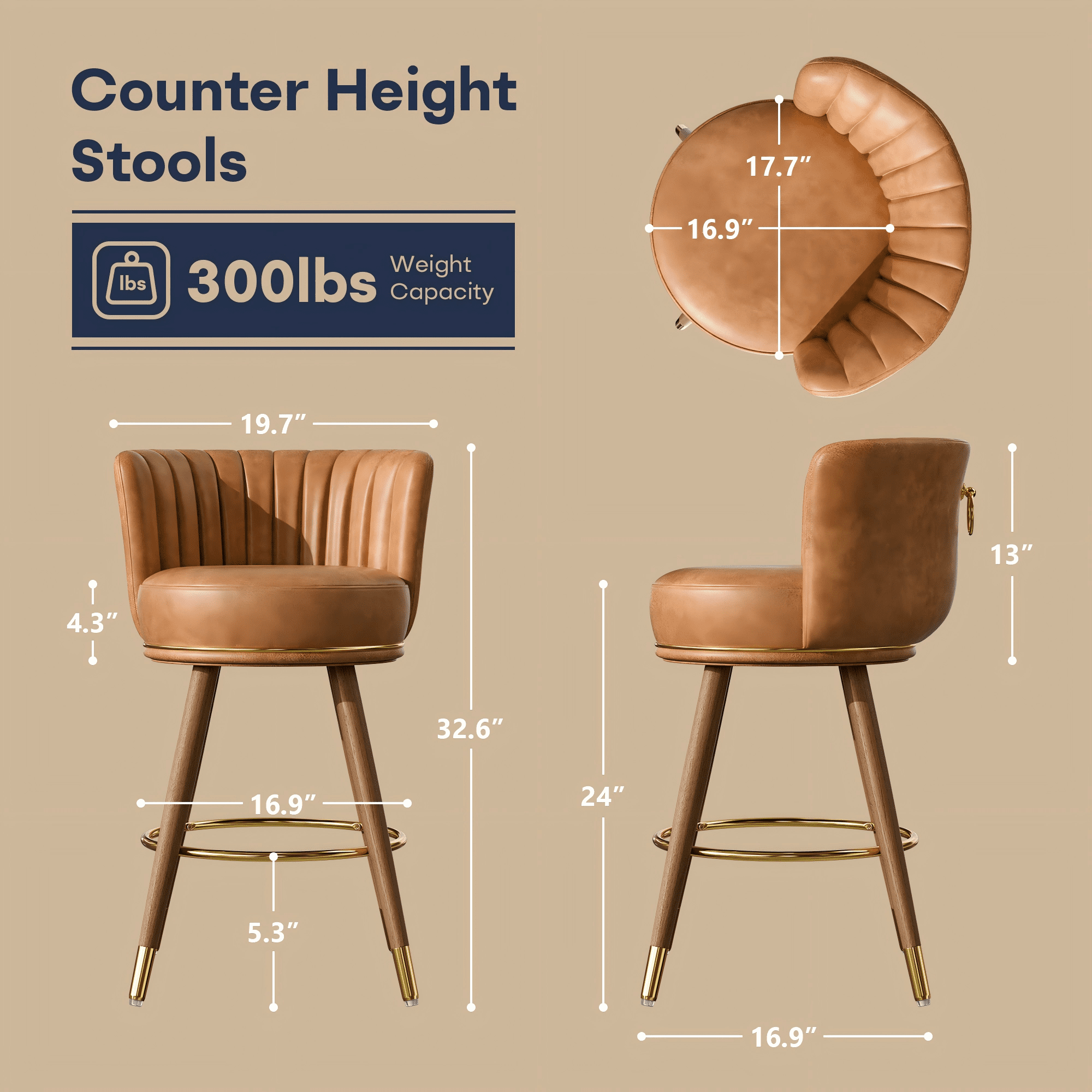 HomeZeer 24" Bar Stools Set of 4, Counter Height Bar Stools with Curved Back Swivel Barstools Pub Chairs with Wood Legs, Brown