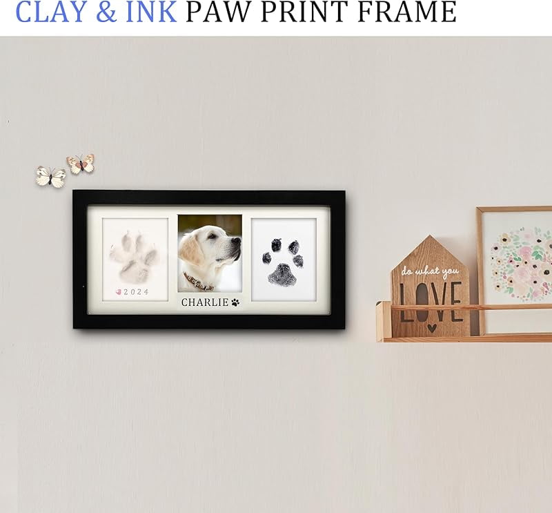 Zeokiar Paw Print Frame Kit,Dog/Cat Paw Print Kit,Soft Pawprint Clay&Clean Touch Ink Pad,Pet Paw Print Impression Kit with Customization Tool,Wooden Pet Memorial Frame,DIY Dog Lover Gifts