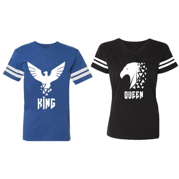 King Queen Eagle White Matching Couple Cotton Jerseys (Men Royal / Women Black) (Men S / Women S)