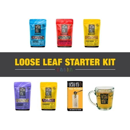 4 Ounce Sampler - Tiesta Tea Loose Leaf Starter Kit, Sampler Gift Set, Includes 5 Loose Tea Blends, Tiesta Tea Brand 14 Ounce Mug and 100 Pack of Filters