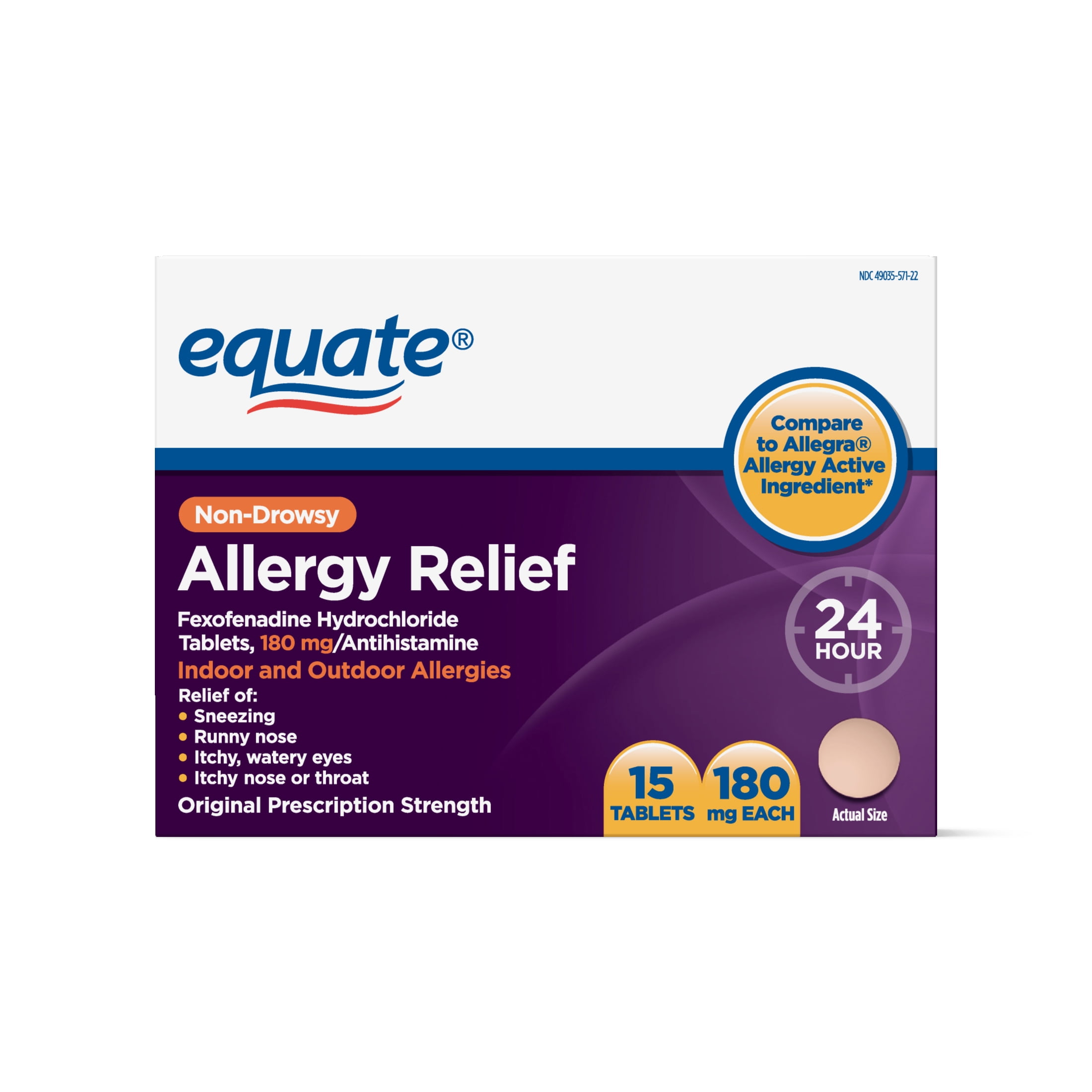 Equate Allergy Relief Fexofenadine Hydrochloride Tablets, 180mg, 15ct