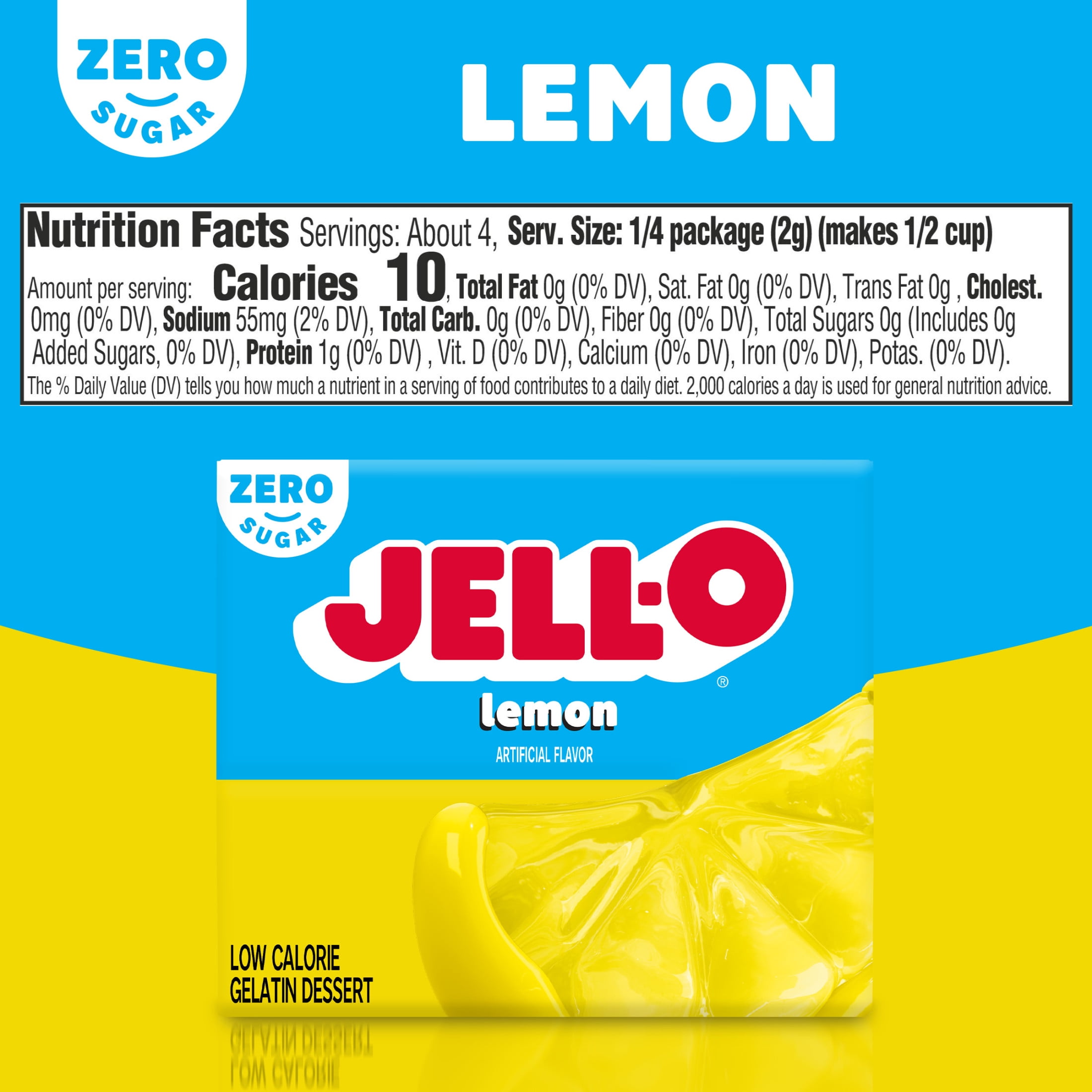 Jell-O Lemon Zero Sugar Gelatin Dessert Mix, 0.3 oz Box
