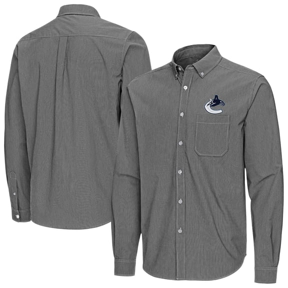 Men's Antigua Black Vancouver Canucks Porter Woven Tri-Blend Long Sleeve Button-Down Shirt