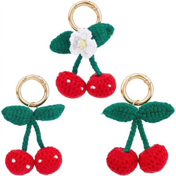 1Set 3Pcs Crochet Cherry Keychains Red Cotton Yarn Cherries Keyrings with Alloy Spring Gate Key Rings 2.75inch Green Leaf Key Charms for keychain Bags Purse Decorations