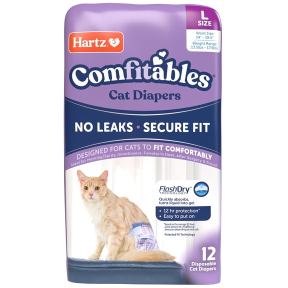 Hartz Comfitables Cat Diapers, Size L 12 Count, Comfortable & Secure Fit, Easy
