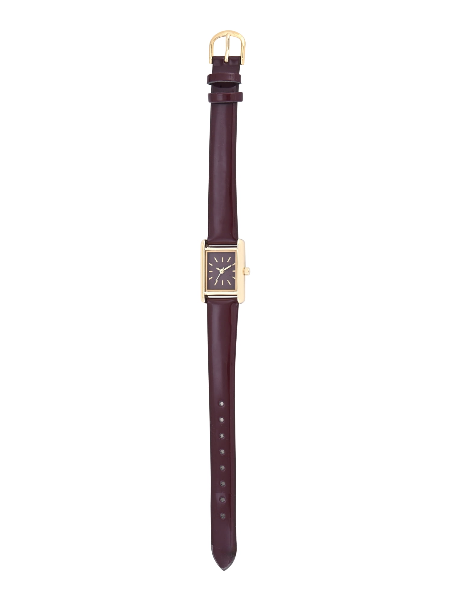 No Boundaries Adult Female Goldtone Rectangular Case Watch with Monochramatic Burgundy Patent Strap.