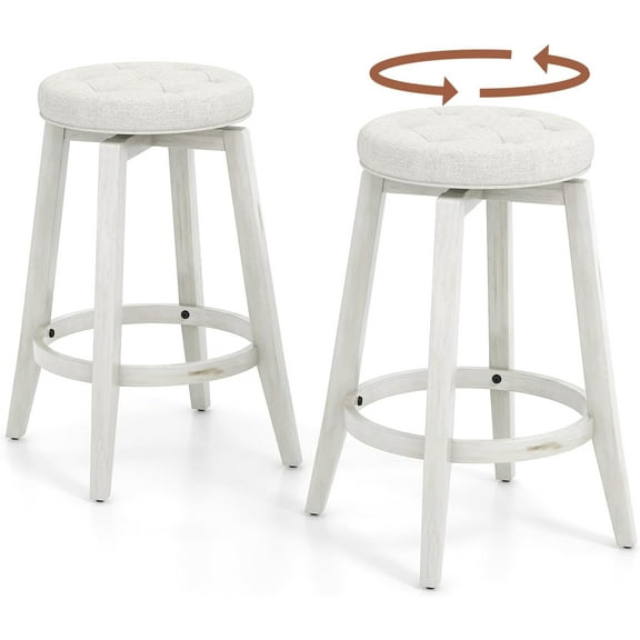 BOBOKY 360° Swivel Bar Stools Set of 2, 26-inch Height Vintage Upholstered Rubberwood Backless Bar Chairs with Footrest, Retro Kitchen Counter Stools for Kitchen Island Dining Room Home Bar, White