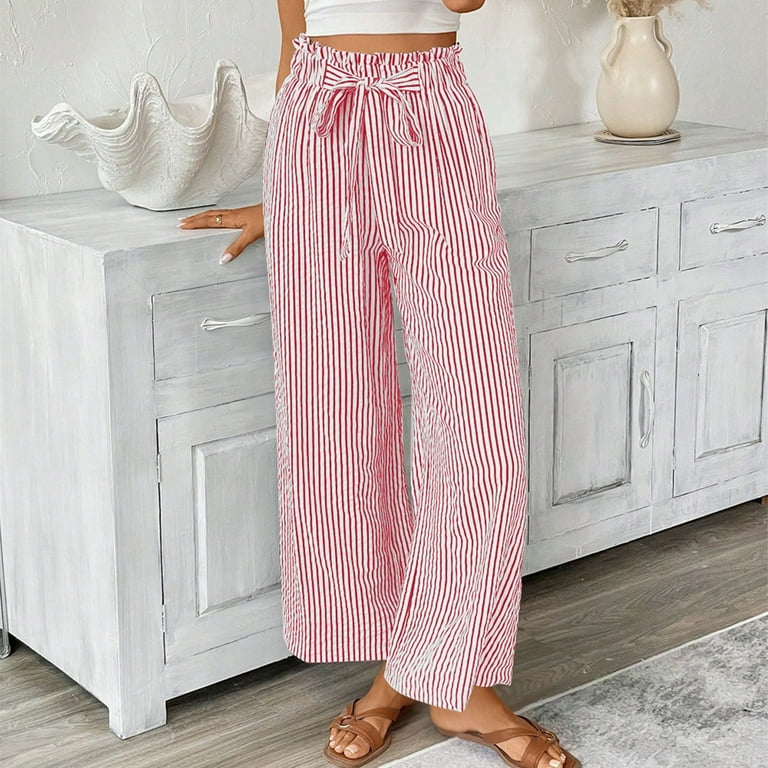 HUJlwoi Women's Wide Leg Pants Lightweight Striped Paper Bag Waist