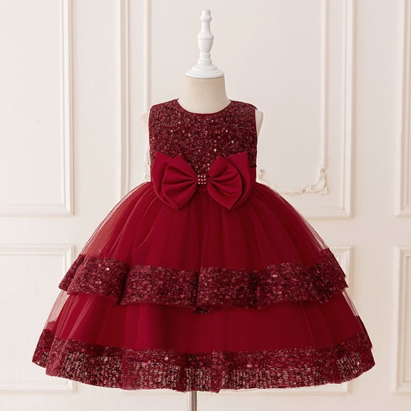 Kids Girls Layered Tulle Dress Red Dress Sleeveless Princess Birthday Dress for Girls Preschool Graduation 5-6 Years