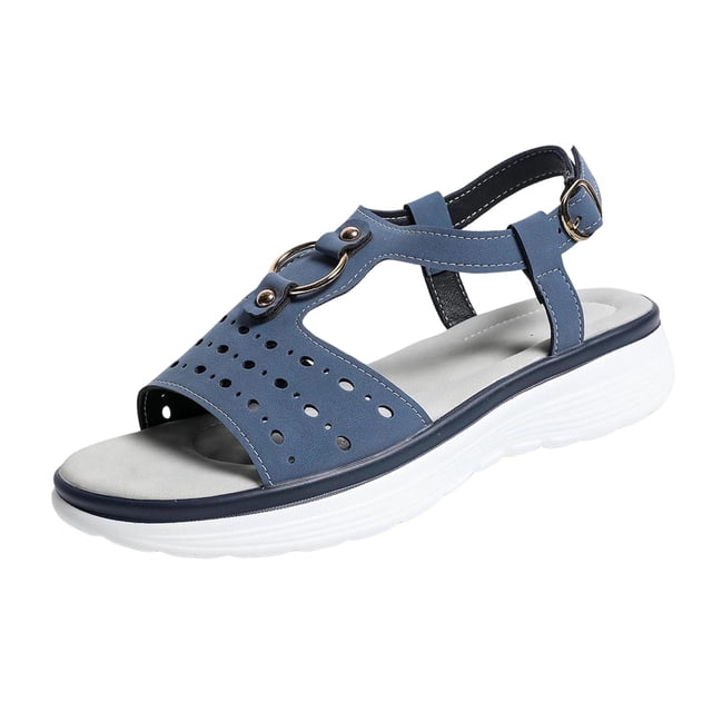Blue Women'S Flat Sandals Round Toe Open Toe Solid Color Soft Sole Slip-On Lightweight Non-Slip Daily Footwear For Spring Summer Wear Size 43