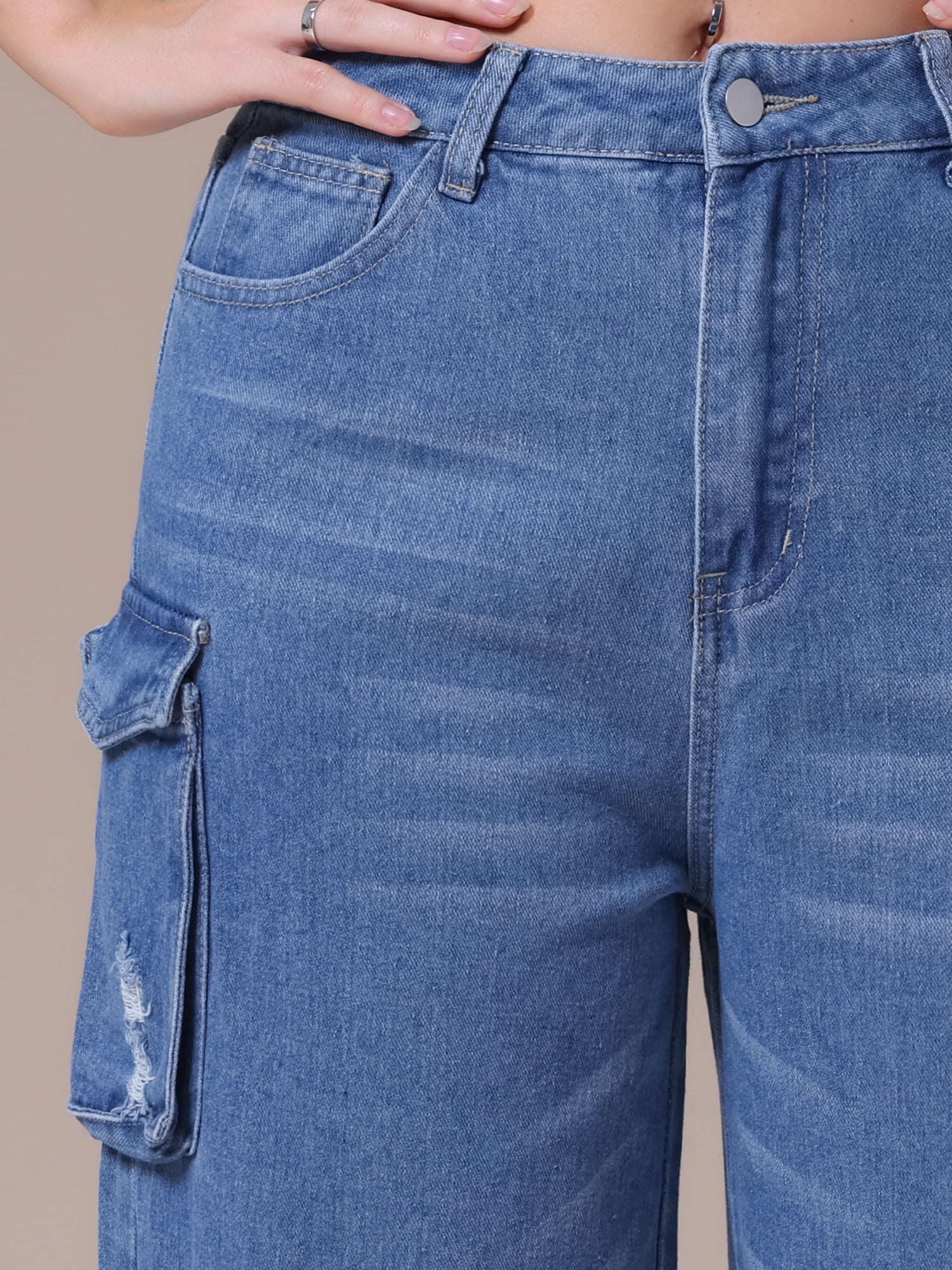 DARING DIVA Women's Cargo Jeans Straight High Waist Baggy Denim Pants XL Blue