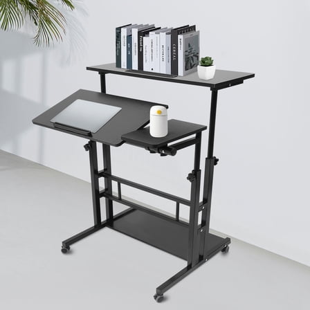 Mobile Stand Up Desk, Adjustable Laptop Desk with Wheels Storage Desk Home Office Workstation, Rolling Table Laptop Cart for Standing or Sitting, Black