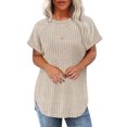 thumbnail image 2 of Women's Short Sleeve Tunic Tops Loose Fit Crewneck Pullover Sweaters Curved Hem Side Split Solid Blouses, 2 of 2