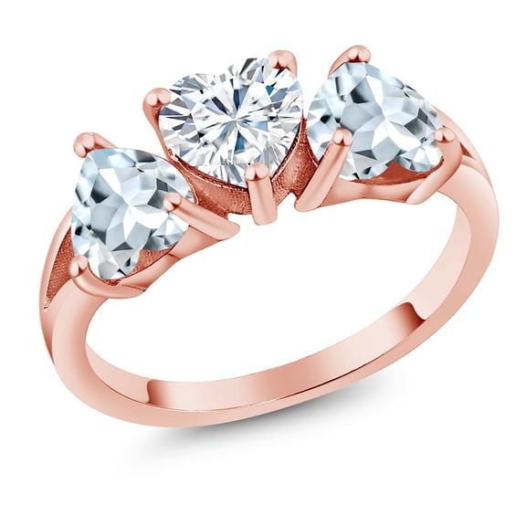 Gem Stone King 18K Rose Gold Plated Silver Sky Blue Aquamarine Ring Set with Moissanite (2.26 Cttw) (Size 8)