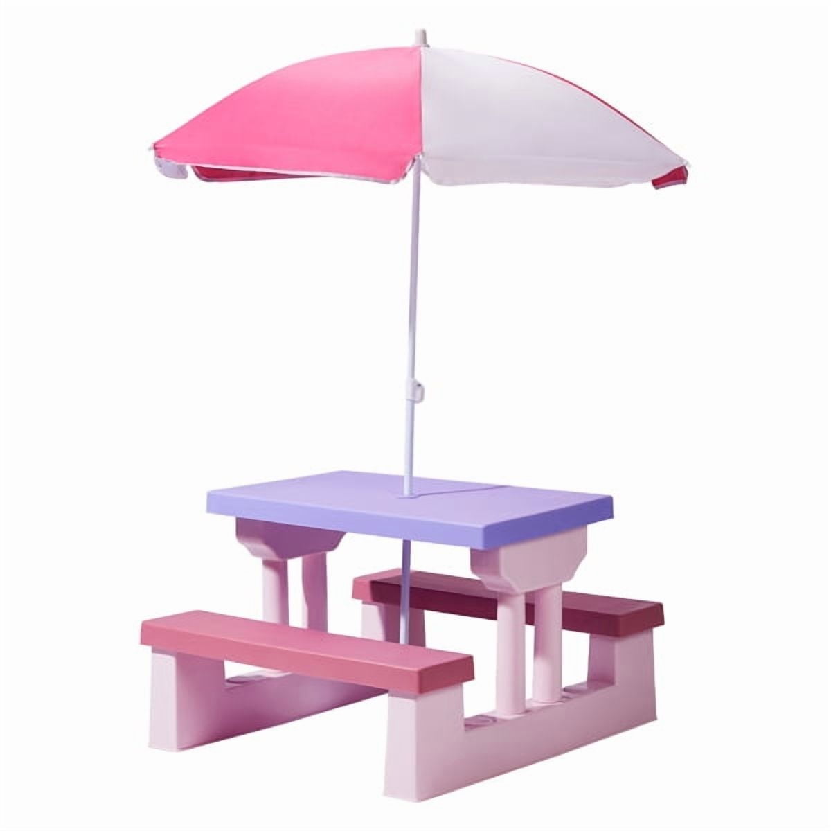 Outdoor Table and Chair Set with Removable Umbrella, Kids Picnic Table for Backyard Garden Patio, Pink & Purple