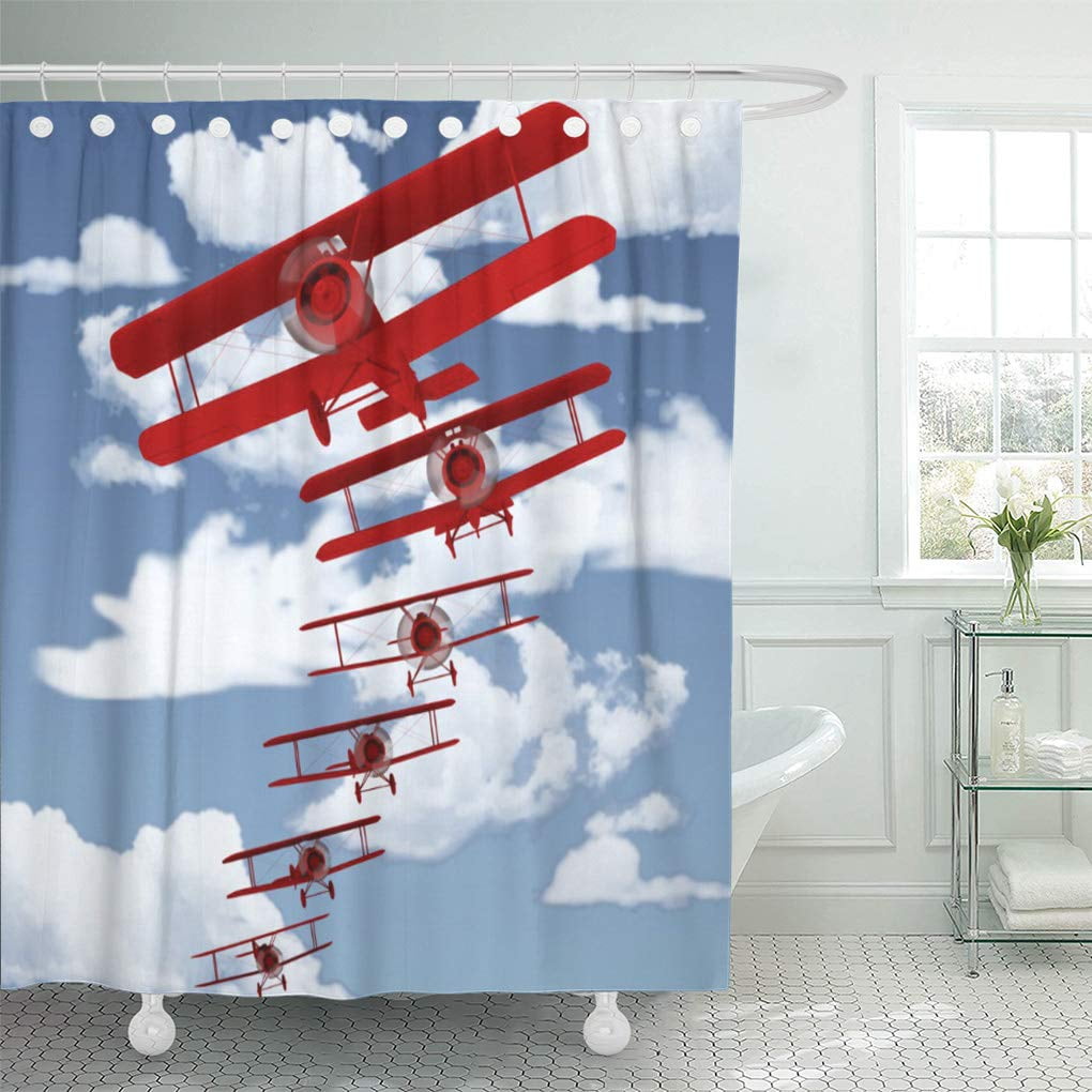 Aviator Airplane Aviation Graphics Bath Shower Curtain Red Blue White Polyester 