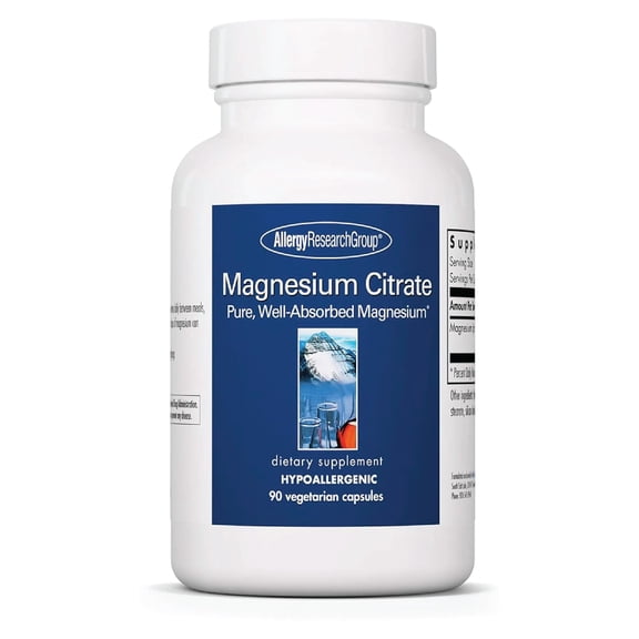 Allergy Research Group Magnesium Citrate Dietary Supplement - Bone & Stress Support, Well-Absorbed, Hypoallergenic, Vegetarian Capsules - 90 Count